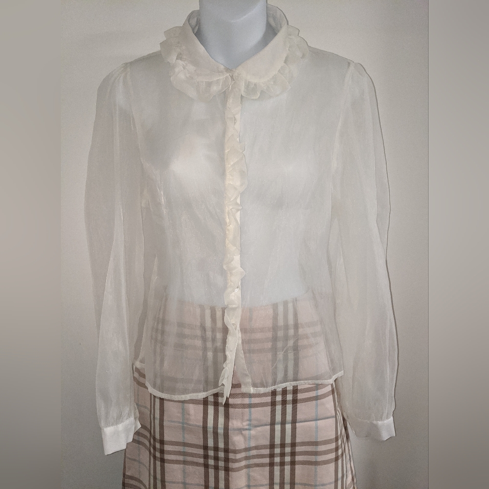 3/$25 Sheer white ruffle collared button up nylon blouse